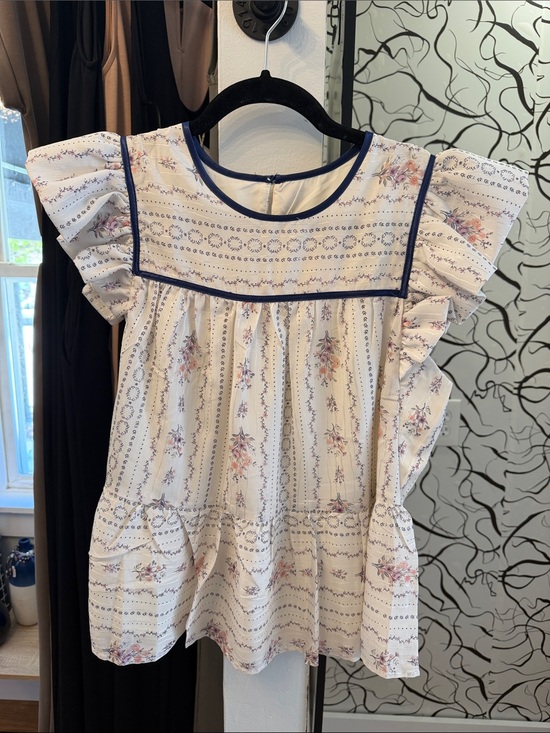 TCEC Tops - TCEC Cream Floral Ruffle Sleeve Blouse with Navy Trim
